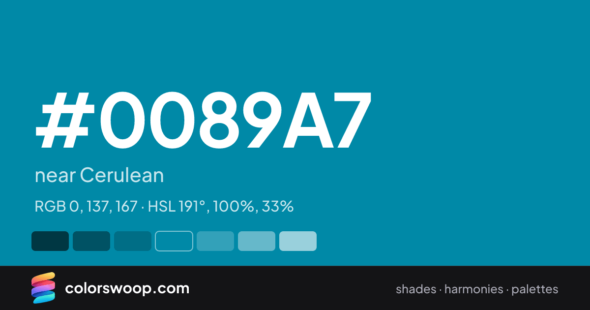 #0089A7 hex color card: near Cerulean, RGB 0, 137, 167