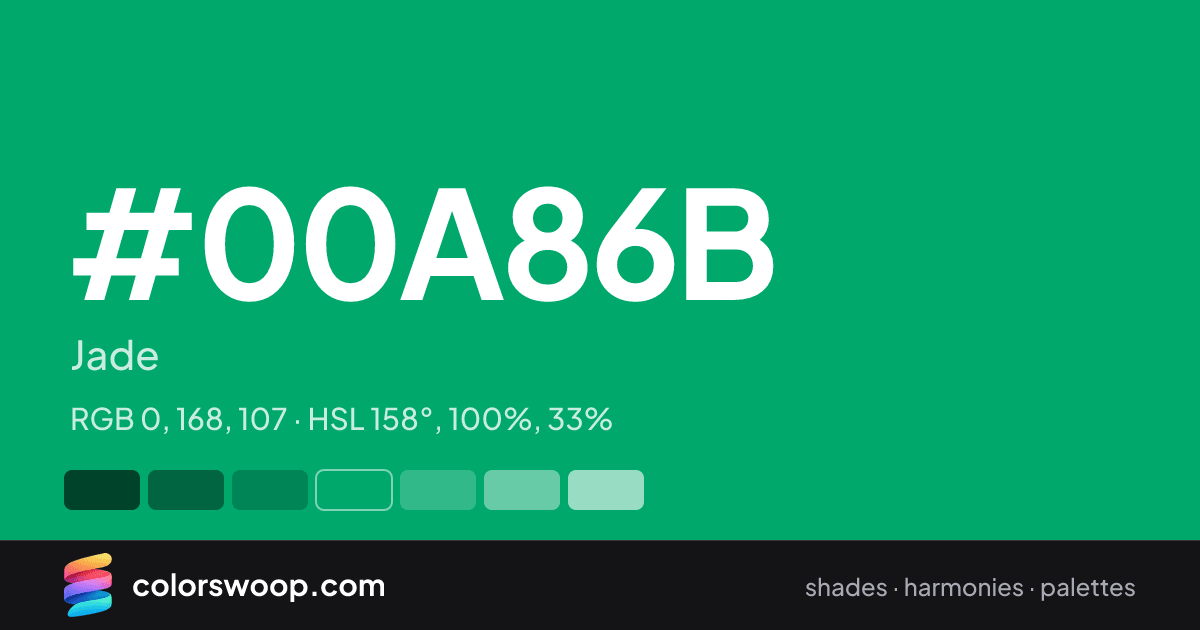 #00A86B hex color card: Jade, RGB 0, 168, 107