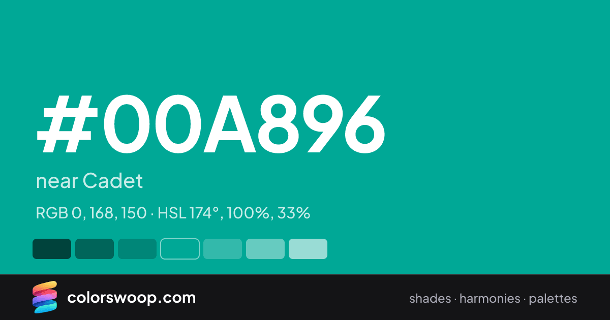 #00A896 hex color card: near Cadet, RGB 0, 168, 150