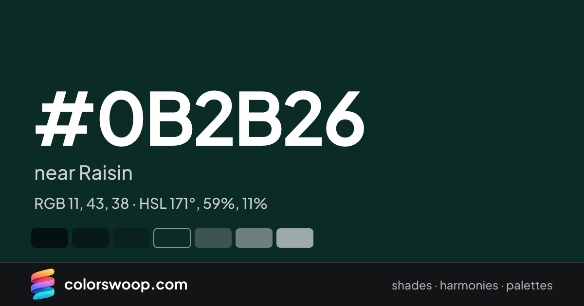 #0B2B26 hex color card: near Raisin, RGB 11, 43, 38