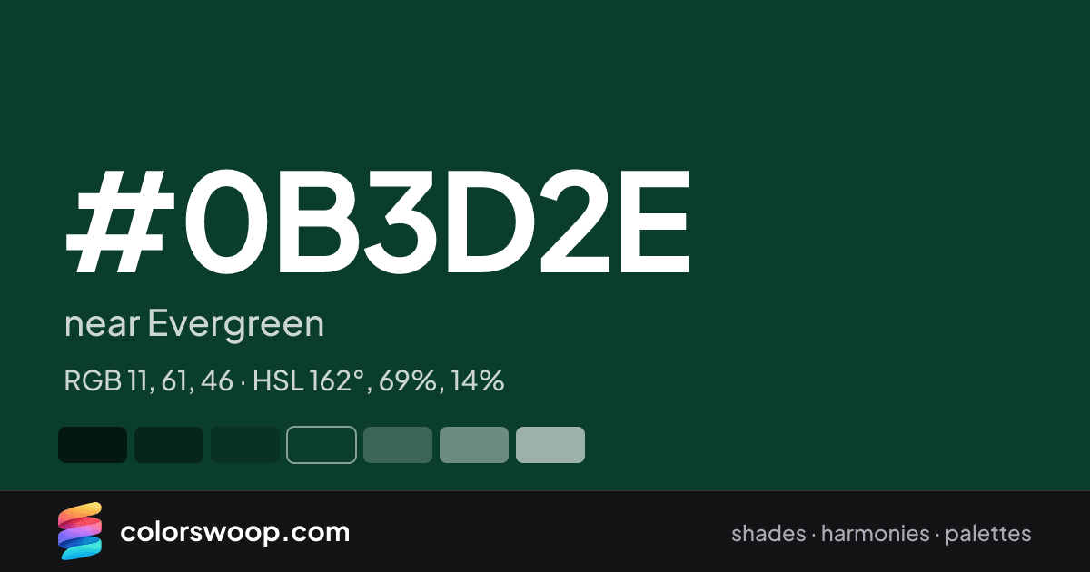 #0B3D2E hex color card: near Evergreen, RGB 11, 61, 46