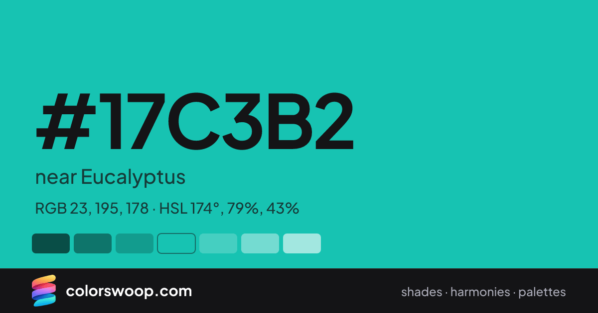 #17C3B2 hex color card: near Eucalyptus, RGB 23, 195, 178
