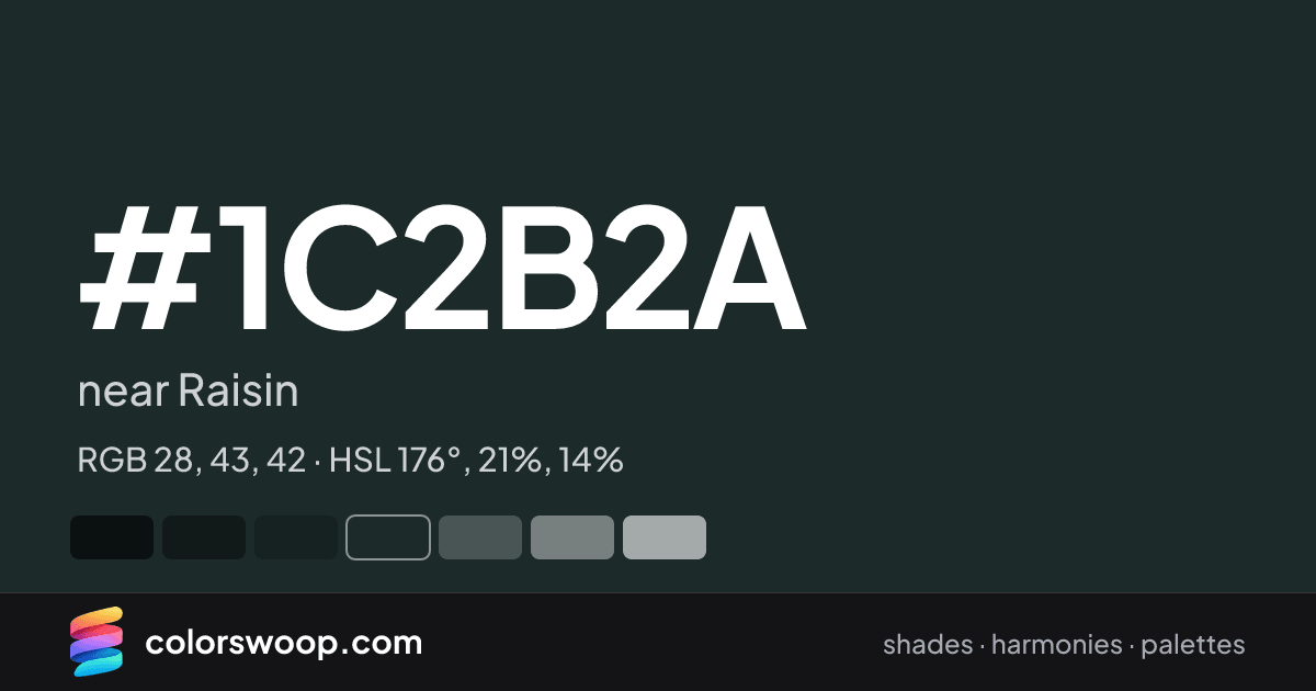 #1C2B2A hex color card: near Raisin, RGB 28, 43, 42