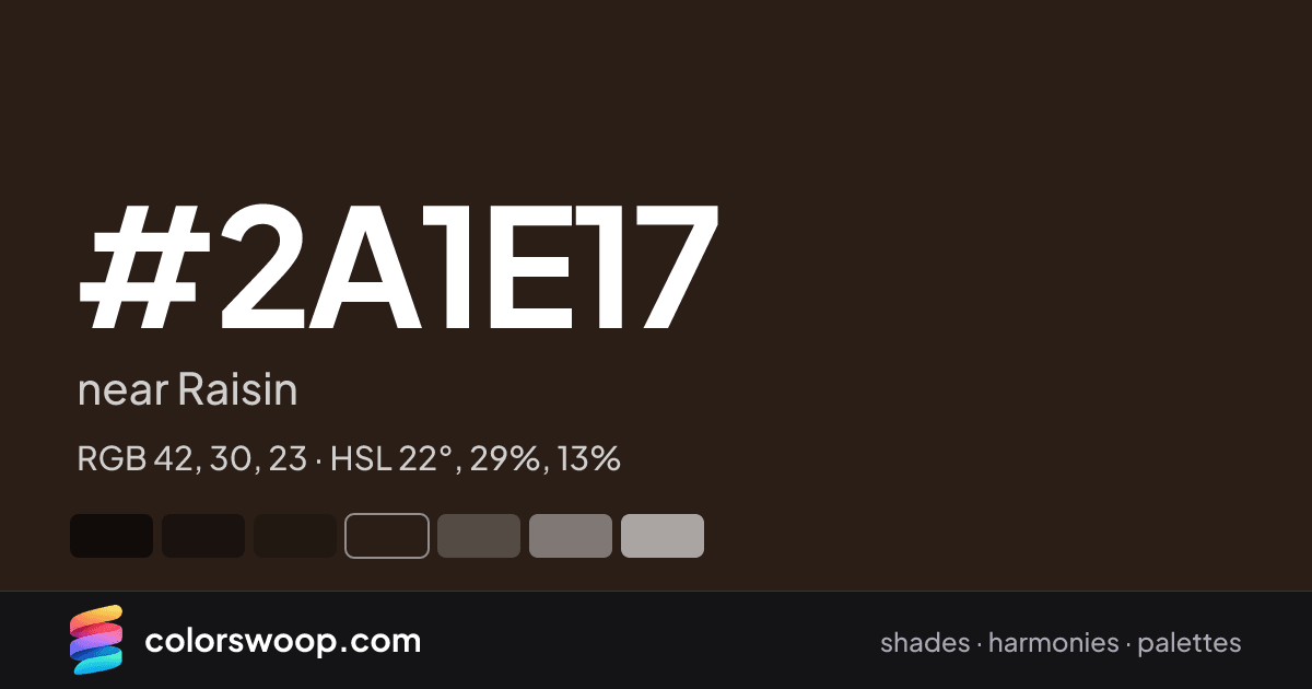 #2A1E17 hex color card: near Raisin, RGB 42, 30, 23
