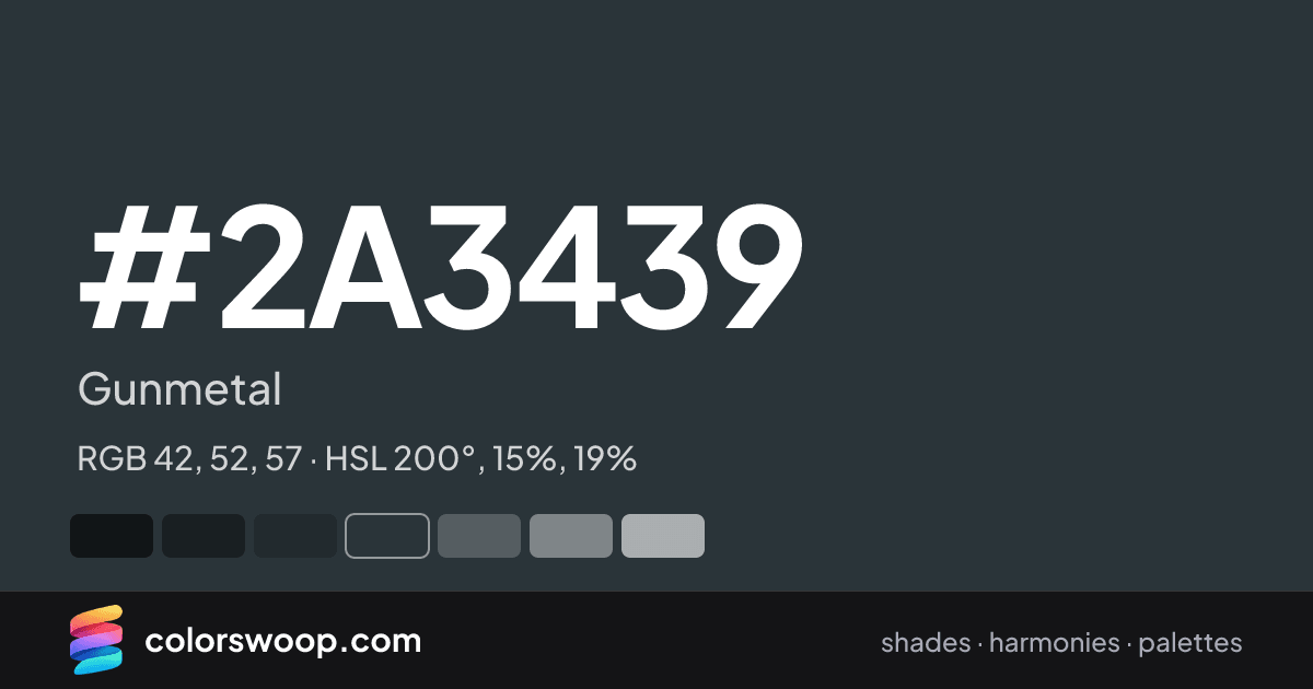 #2A3439 hex color card: Gunmetal, RGB 42, 52, 57
