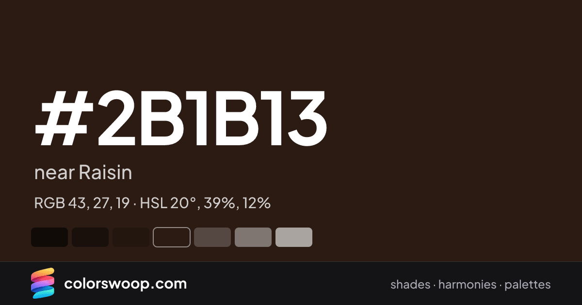 #2B1B13 hex color card: near Raisin, RGB 43, 27, 19