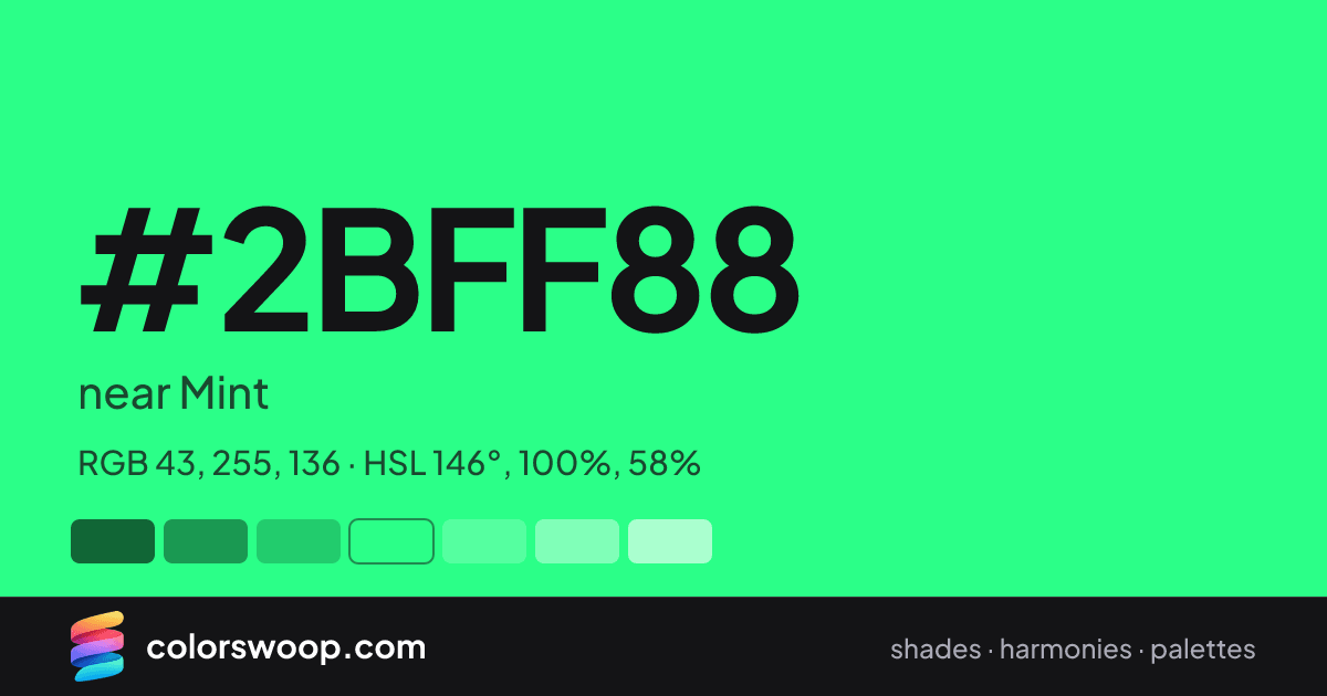 #2BFF88 hex color card: near Mint, RGB 43, 255, 136