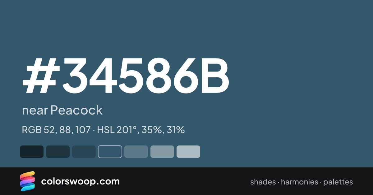 #34586B hex color card: near Peacock, RGB 52, 88, 107