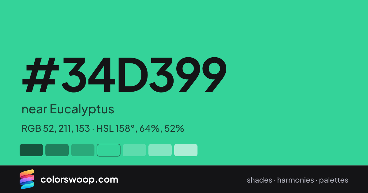 #34D399 hex color card: near Eucalyptus, RGB 52, 211, 153