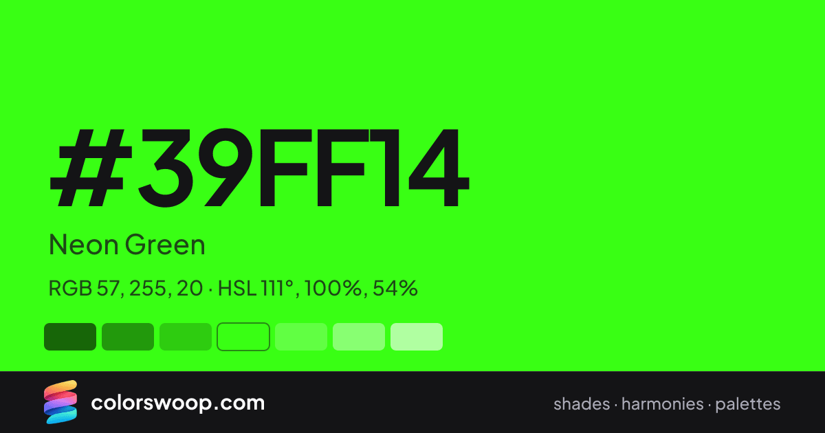 #39FF14 hex color card: Neon Green, RGB 57, 255, 20