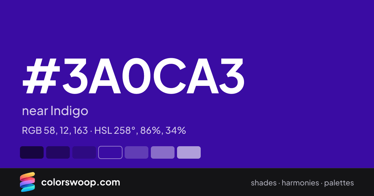 #3A0CA3 hex color card: near Indigo, RGB 58, 12, 163