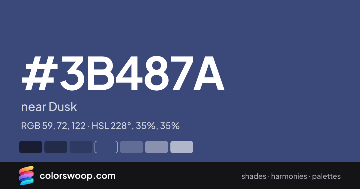 #3B487A hex color card: near Dusk, RGB 59, 72, 122