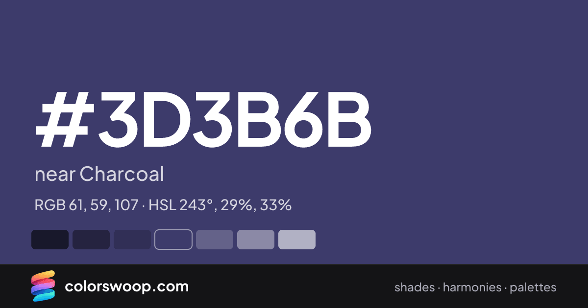 #3D3B6B hex color card: near Charcoal, RGB 61, 59, 107