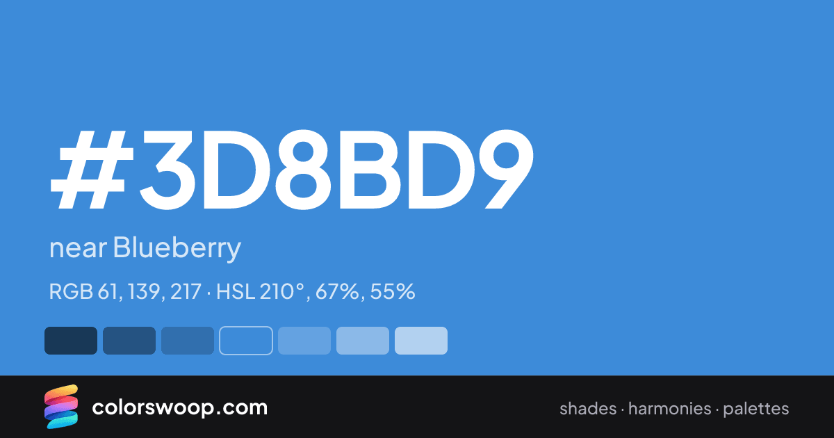 #3D8BD9 hex color card: near Blueberry, RGB 61, 139, 217