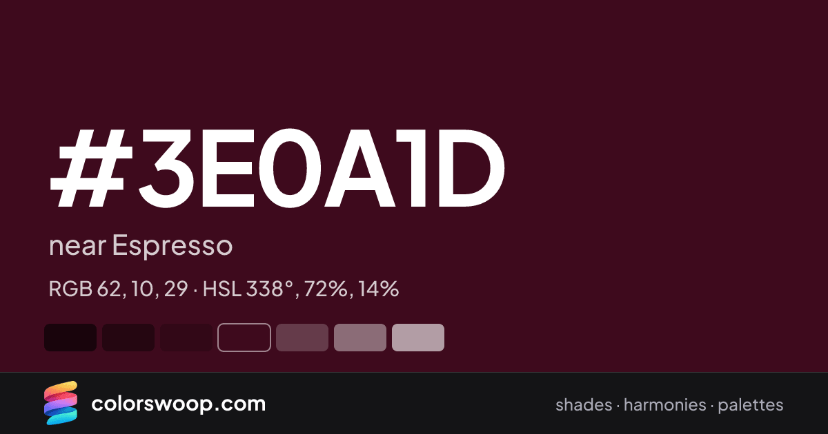 #3E0A1D hex color card: near Espresso, RGB 62, 10, 29