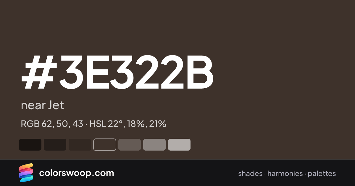 #3E322B hex color card: near Jet, RGB 62, 50, 43