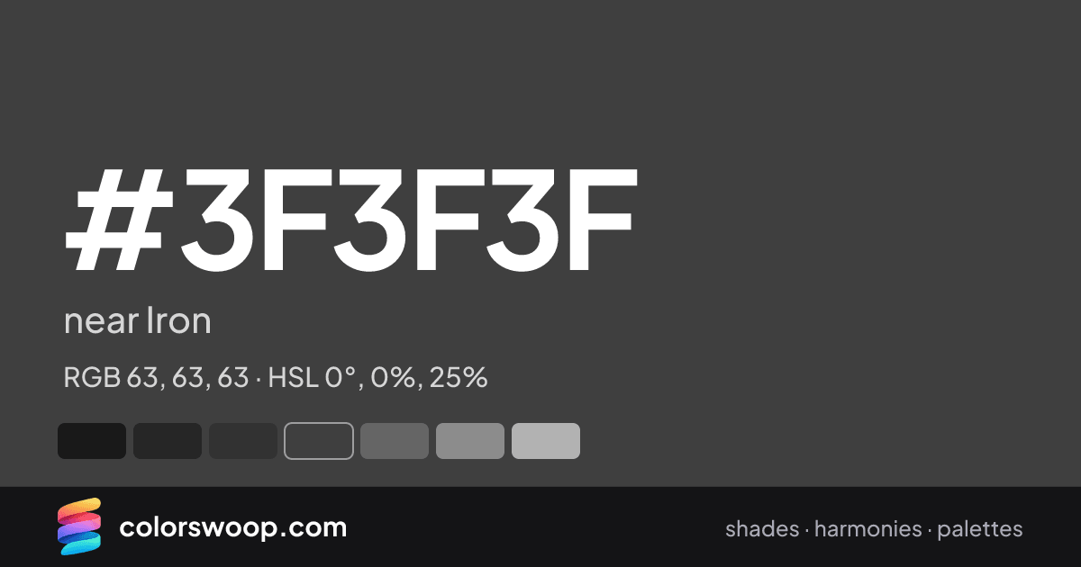 #3F3F3F hex color card: near Iron, RGB 63, 63, 63