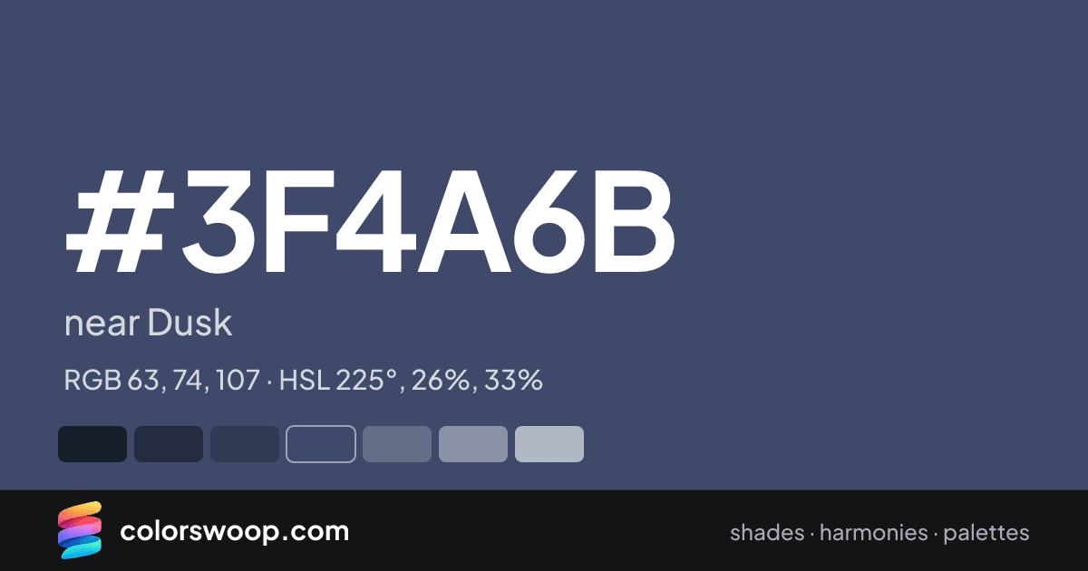 #3F4A6B hex color card: near Dusk, RGB 63, 74, 107