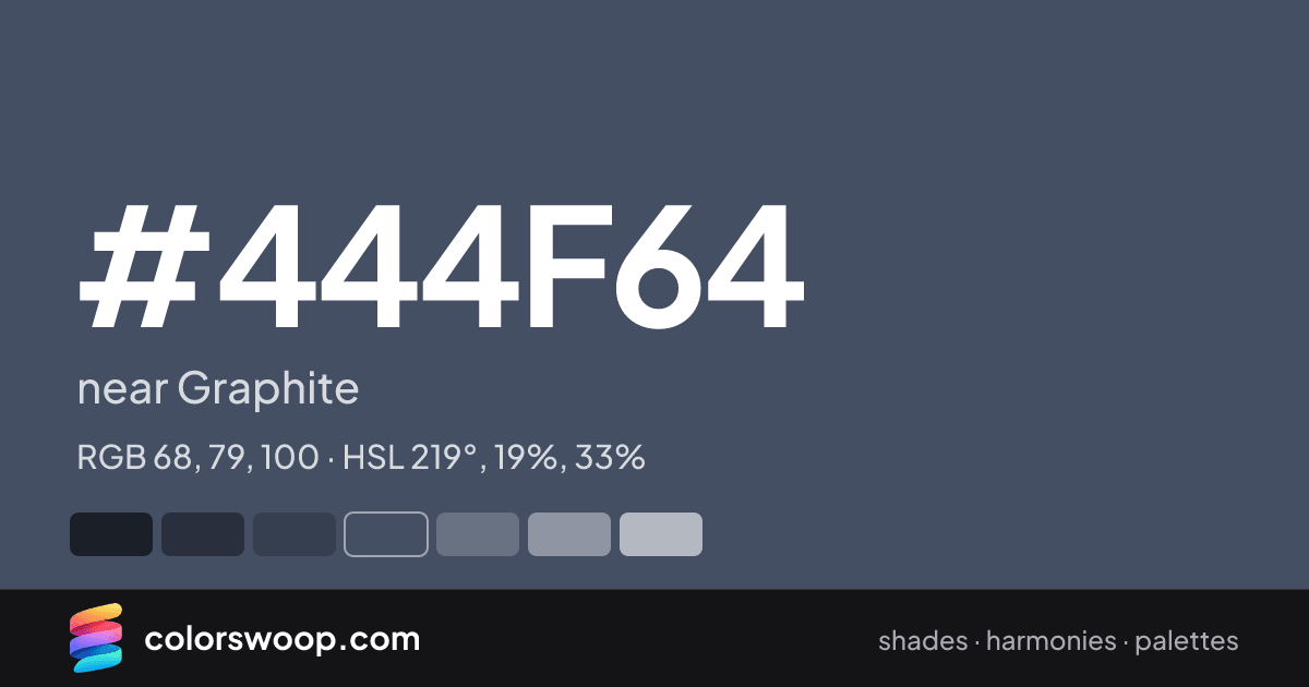 #444F64 hex color card: near Graphite, RGB 68, 79, 100