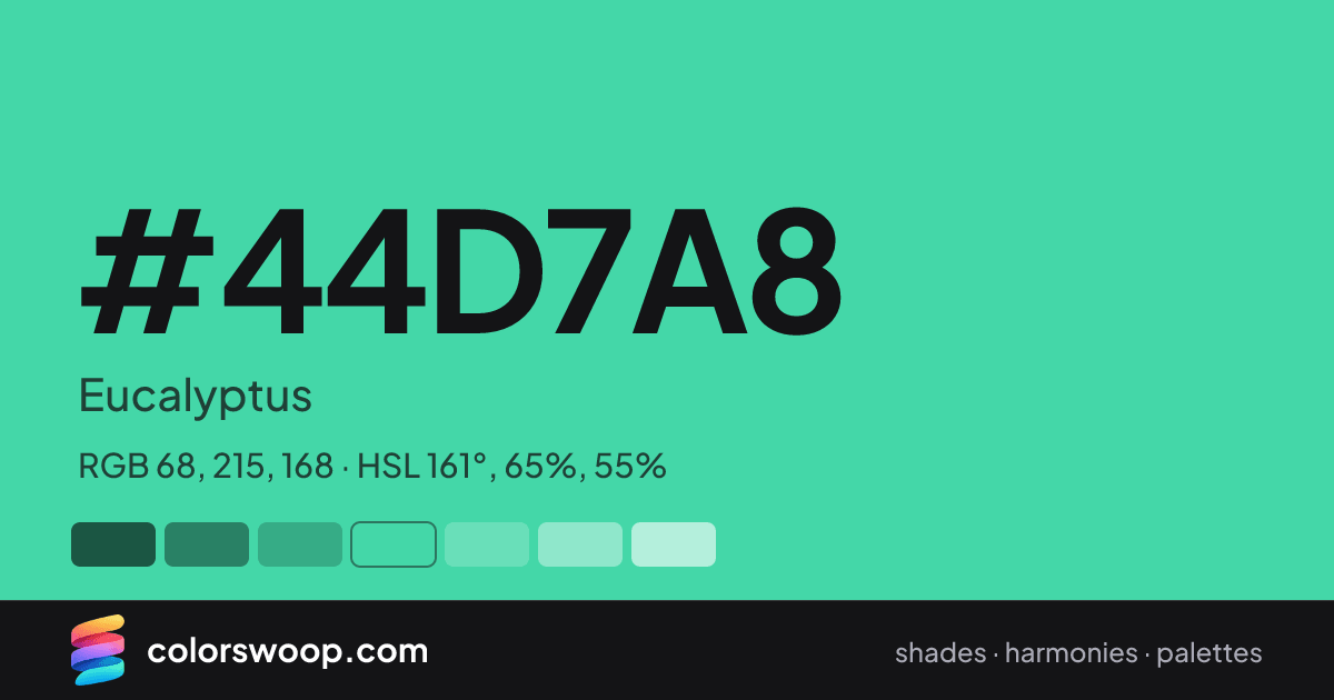 #44D7A8 hex color card: Eucalyptus, RGB 68, 215, 168