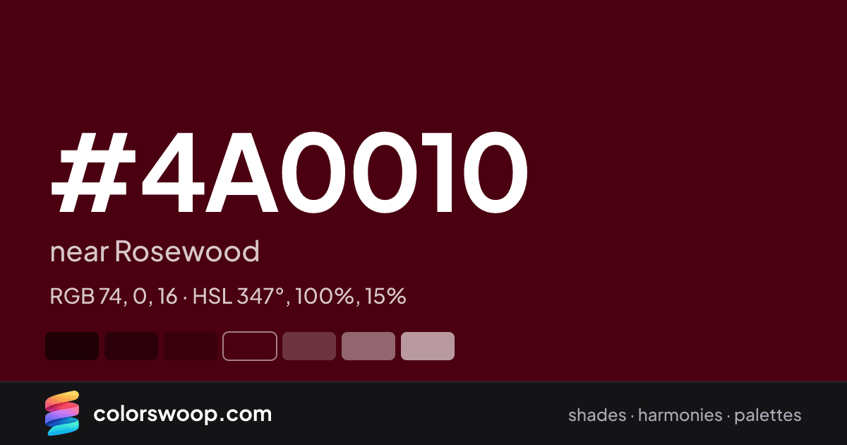 #4A0010 hex color card: near Rosewood, RGB 74, 0, 16