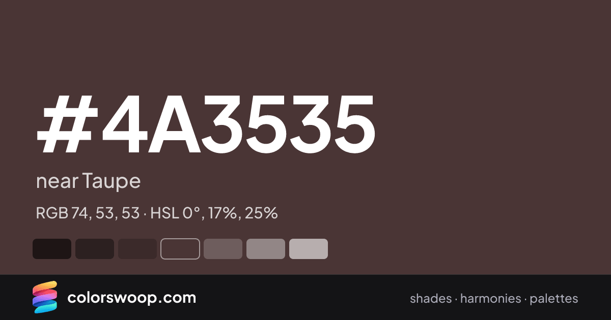 #4A3535 hex color card: near Taupe, RGB 74, 53, 53