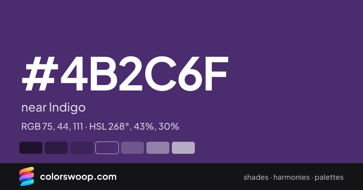 #4B2C6F hex color card: near Indigo, RGB 75, 44, 111