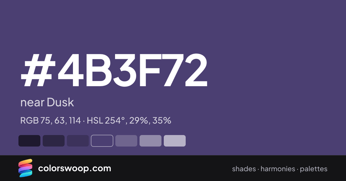 #4B3F72 hex color card: near Dusk, RGB 75, 63, 114