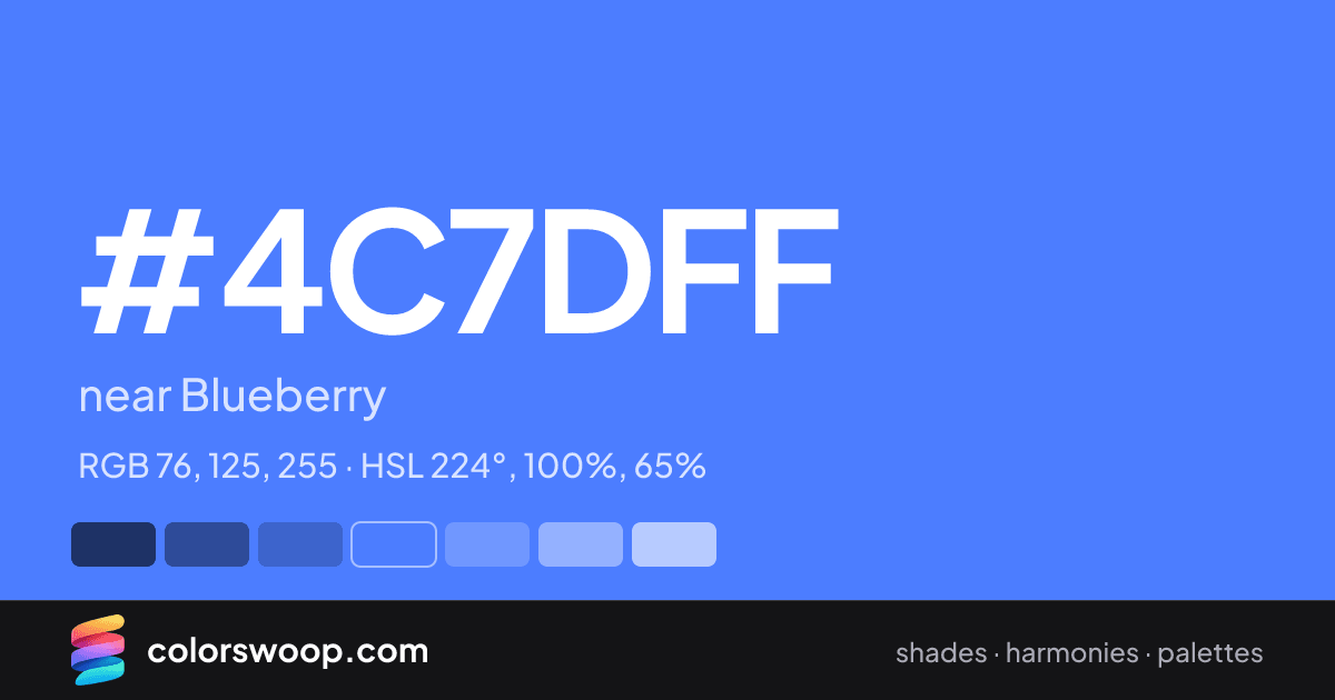 #4C7DFF hex color card: near Blueberry, RGB 76, 125, 255