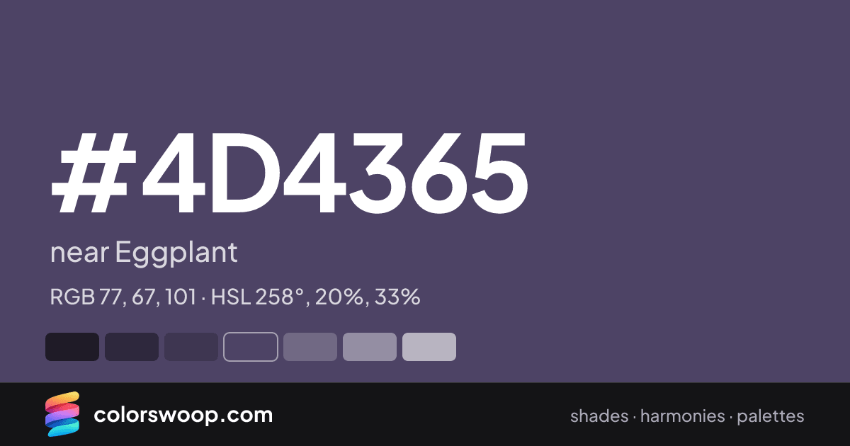 #4D4365 hex color card: near Eggplant, RGB 77, 67, 101