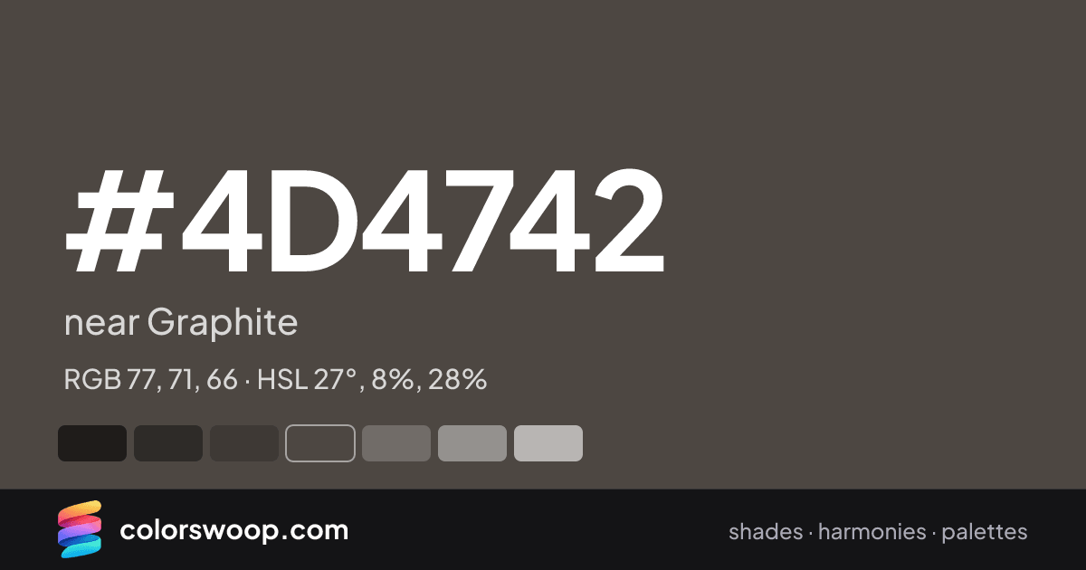 #4D4742 hex color card: near Graphite, RGB 77, 71, 66