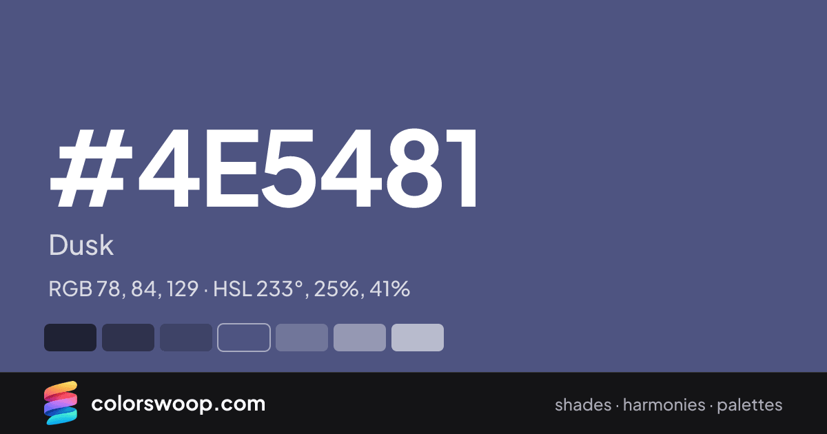 #4E5481 hex color card: Dusk, RGB 78, 84, 129
