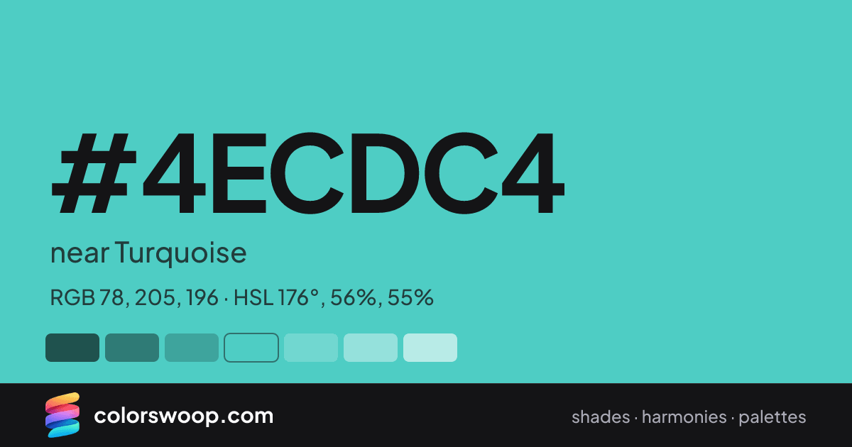 #4ECDC4 hex color card: near Turquoise, RGB 78, 205, 196