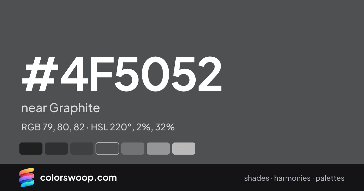 #4F5052 hex color card: near Graphite, RGB 79, 80, 82