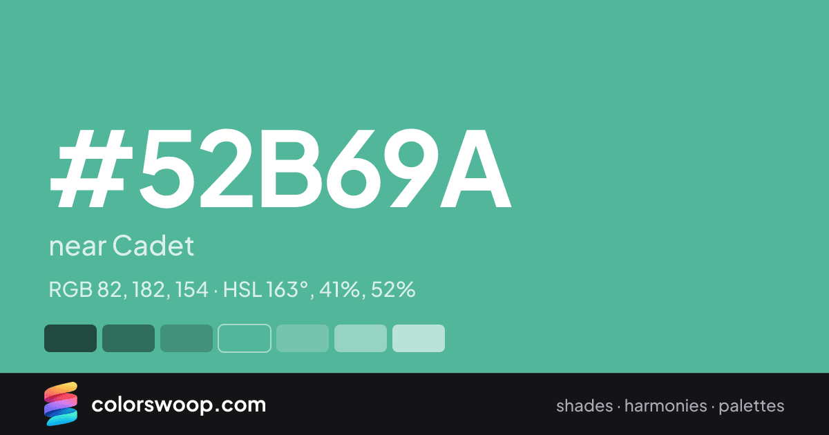 #52B69A hex color card: near Cadet, RGB 82, 182, 154