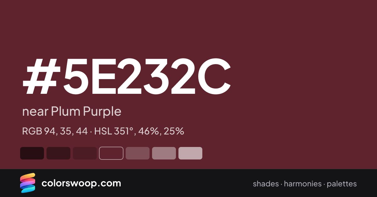 #5E232C hex color card: near Plum Purple, RGB 94, 35, 44