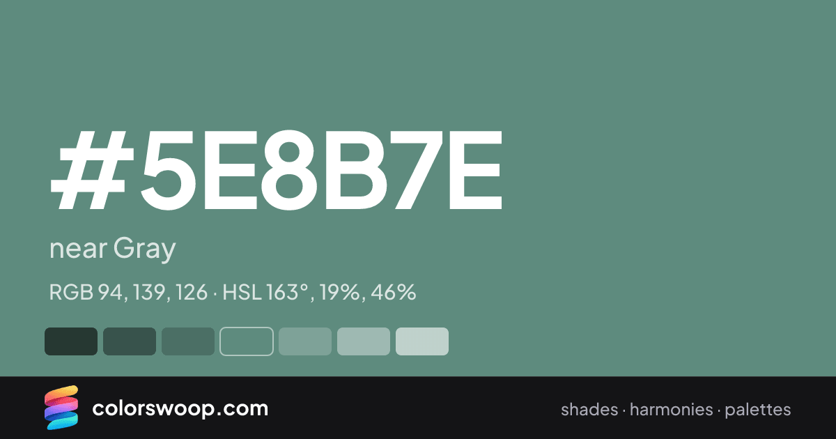 #5E8B7E hex color card: near Gray, RGB 94, 139, 126