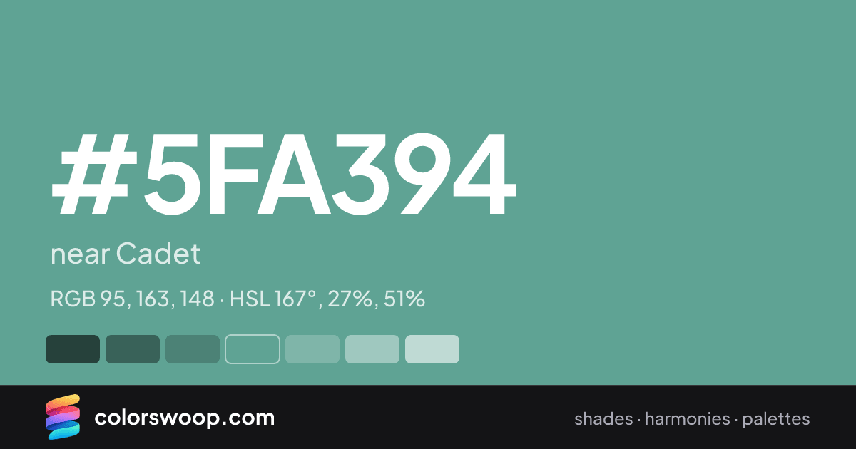 #5FA394 hex color card: near Cadet, RGB 95, 163, 148
