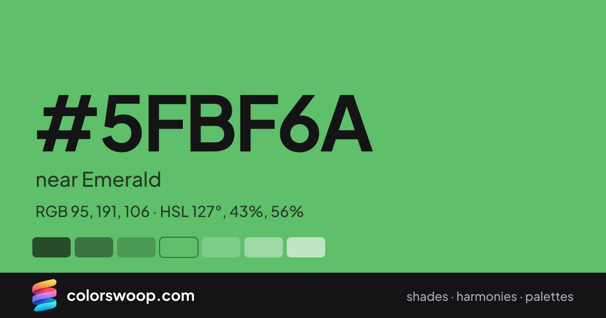 #5FBF6A hex color card: near Emerald, RGB 95, 191, 106