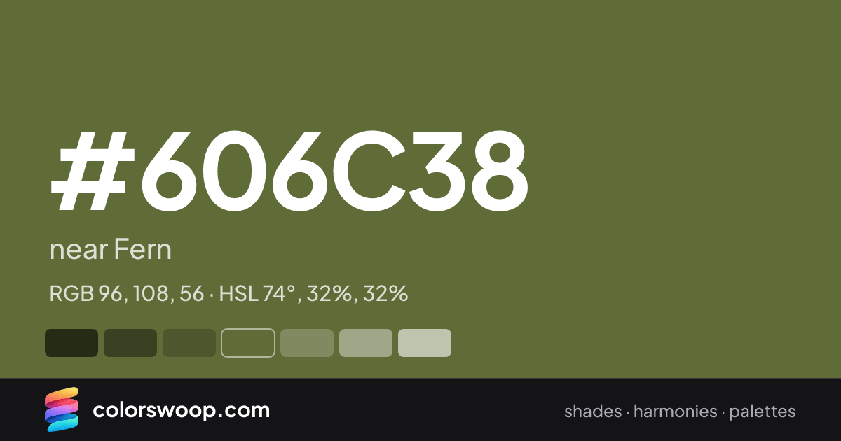 #606C38 hex color card: near Fern, RGB 96, 108, 56