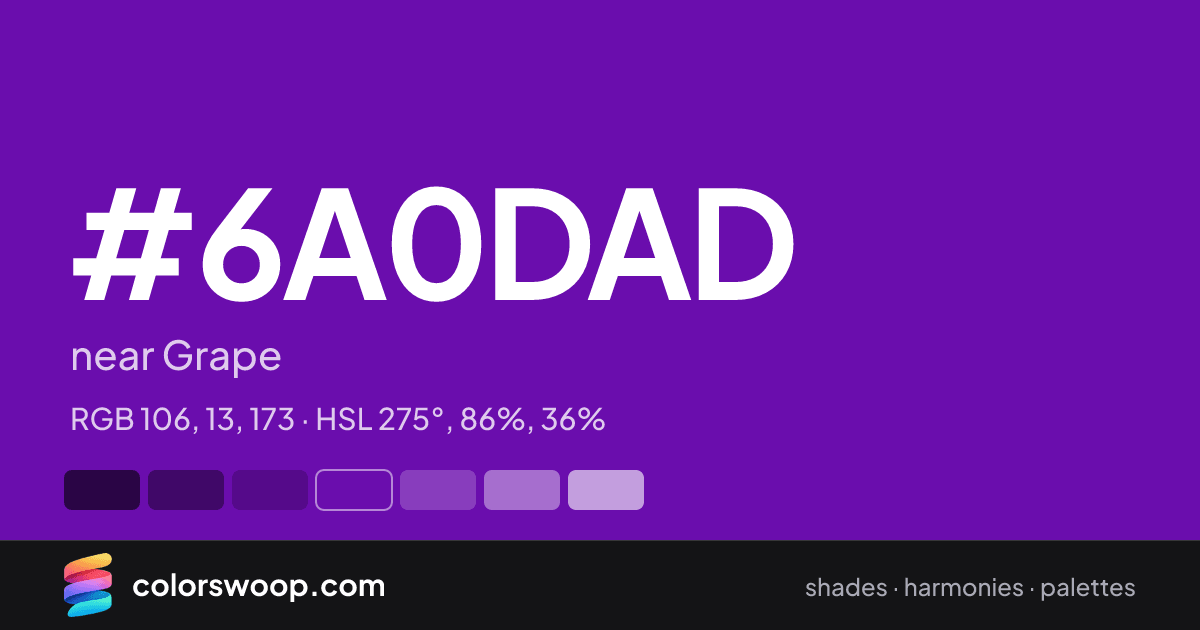 #6A0DAD hex color card: near Grape, RGB 106, 13, 173