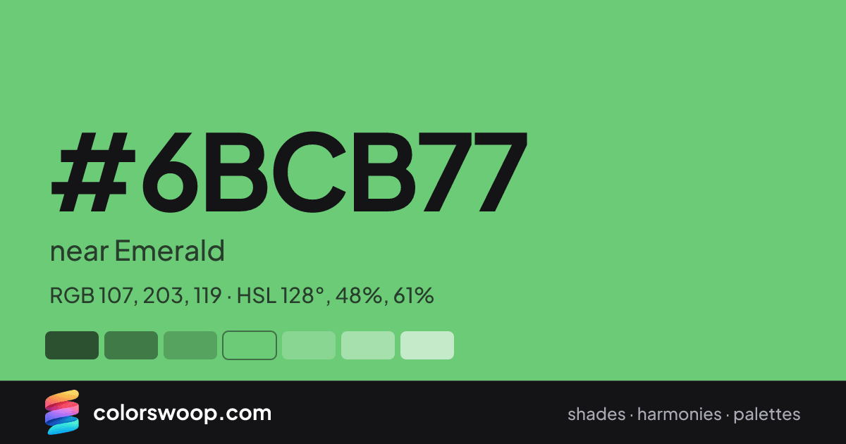 #6BCB77 hex color card: near Emerald, RGB 107, 203, 119