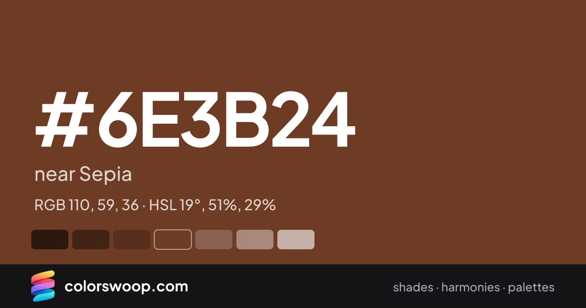 #6E3B24 hex color card: near Sepia, RGB 110, 59, 36