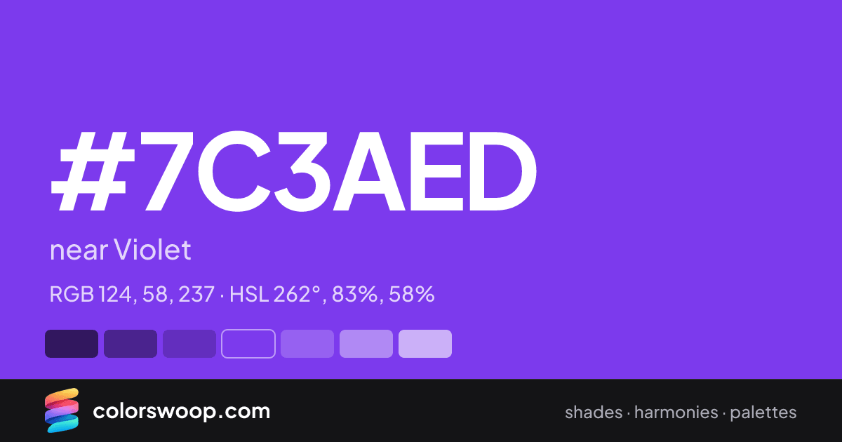 #7C3AED hex color card: near Violet, RGB 124, 58, 237