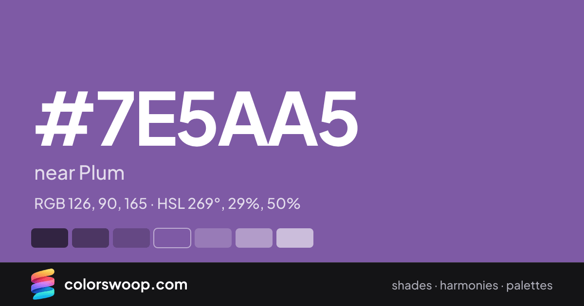 #7E5AA5 hex color card: near Plum, RGB 126, 90, 165