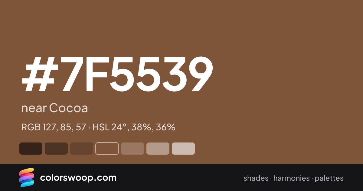 #7F5539 hex color card: near Cocoa, RGB 127, 85, 57