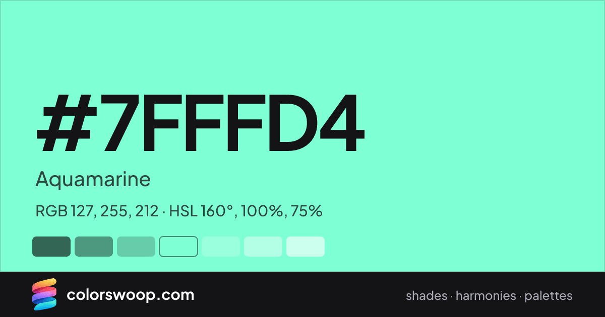 #7FFFD4 hex color card: Aquamarine, RGB 127, 255, 212