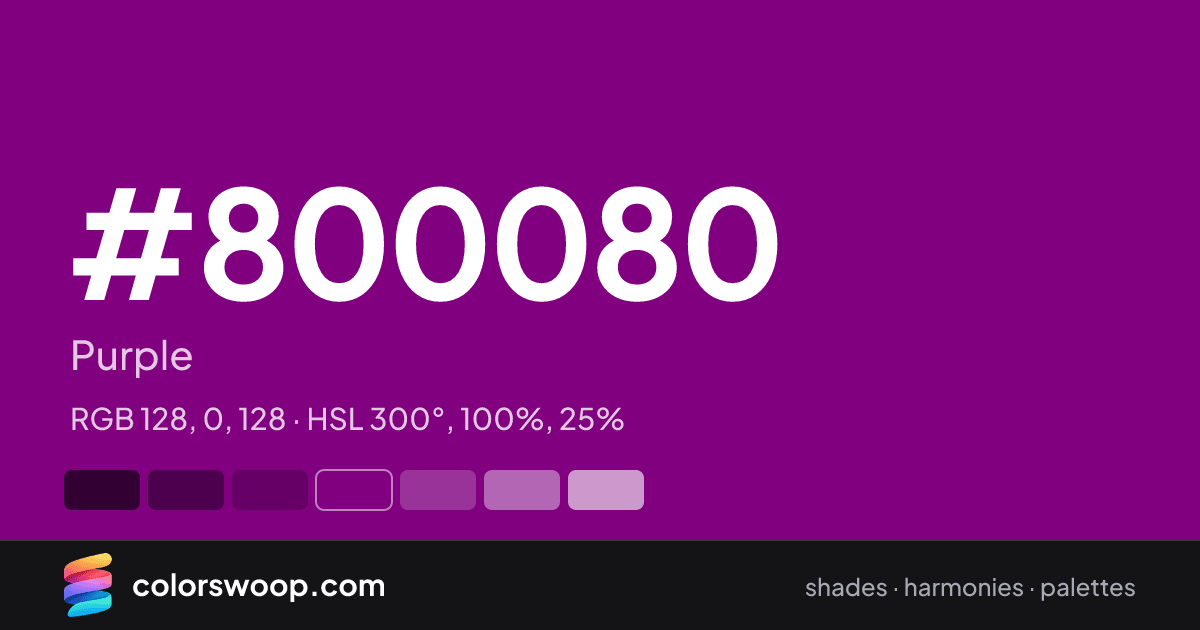 #800080 hex color card: Purple, RGB 128, 0, 128