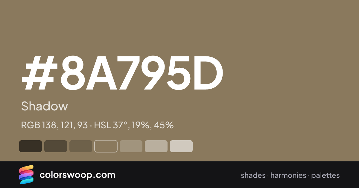 #8A795D hex color card: Shadow, RGB 138, 121, 93
