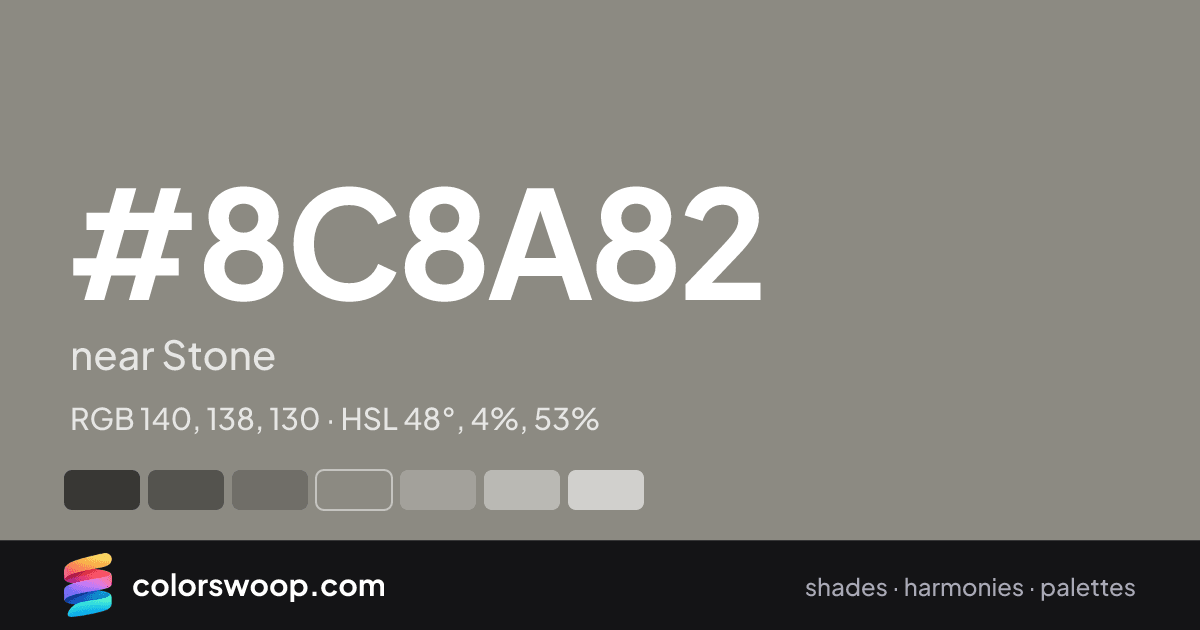 #8C8A82 hex color card: near Stone, RGB 140, 138, 130